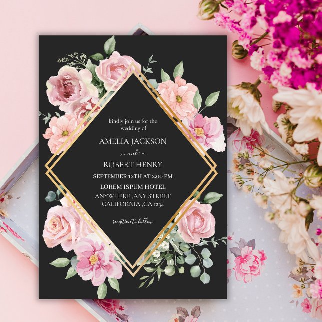 Invitation Aquarelle moderne fleurie Noir et or Mariage (Créateur téléchargé)