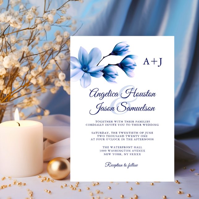Invitation Aquarelle moderne Floral Bleu Marine Mariage blanc (Modern Watercolor Floral Blue Navy White Wedding Invitation)