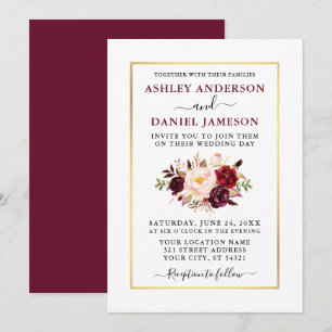 Invitation Aquarelle moderne Floral Bourgogne Mariage