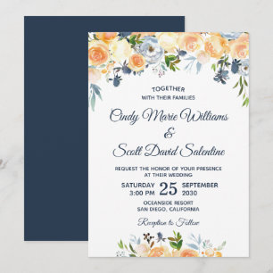Invitation Aquarelle moderne Floral Coral Marine Mariage bleu