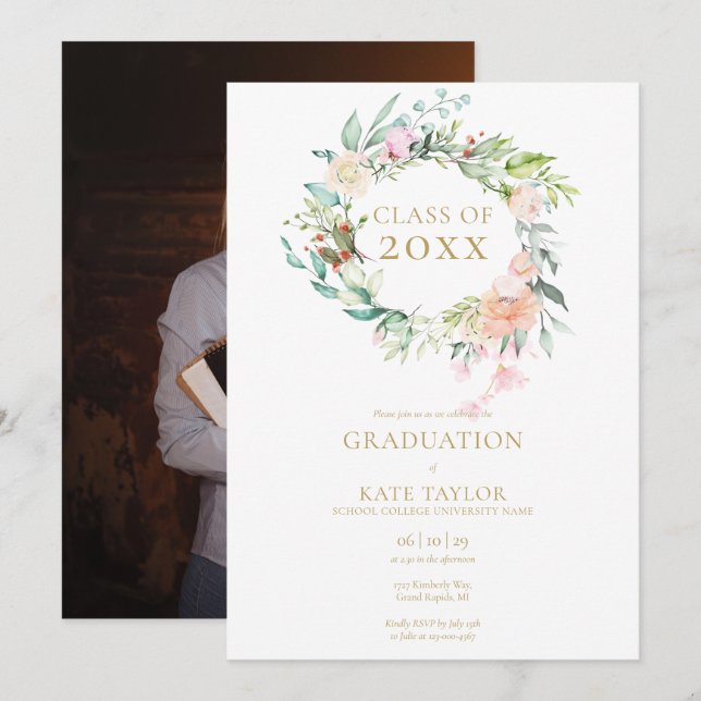 Invitation Aquarelle moderne Floral Graduation Party Photo (Devant / Derrière)