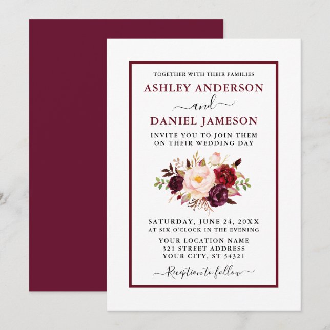 Invitation Aquarelle moderne Floral Mariage Bourgogne (Devant / Derrière)