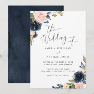 Invitation Aquarelle moderne Floral Marine Blush Mariage