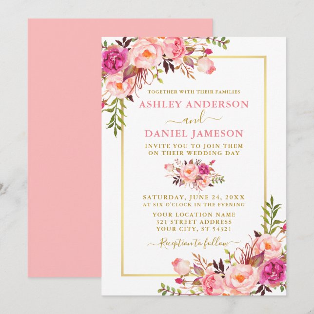 Invitation Aquarelle moderne Floral rose Blush Mariage or (Devant / Derrière)