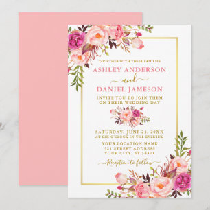 Invitation Aquarelle moderne Floral rose Blush Mariage or