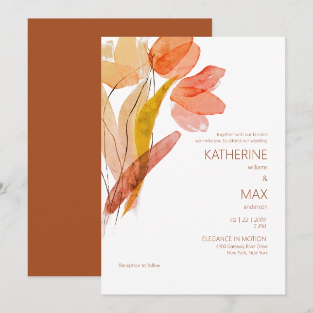 Invitation Aquarelle moderne Floral Terracotta Pas de parents (Devant / Derrière)