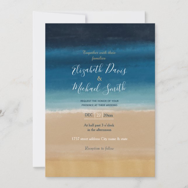 Invitation Aquarelle moderne Gold Blue Beach (Devant)