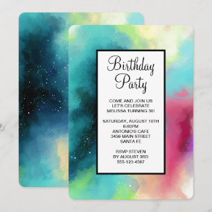 Invitation Aquarelle moderne Green & Red Space Nebula