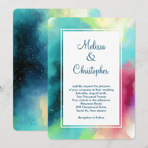 Invitation Aquarelle moderne Green & Red Space Nebula