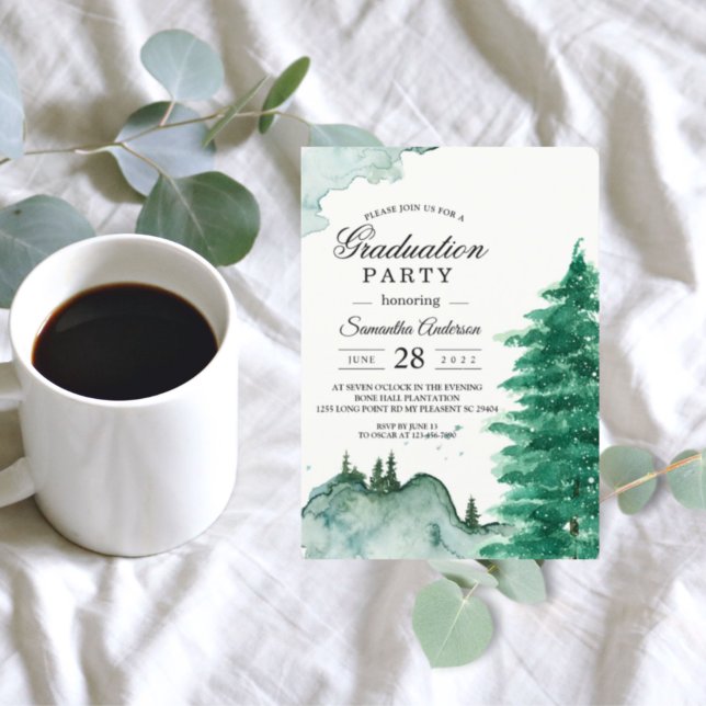 Invitation Aquarelle moderne Hiver Nature Arbres verts Invita (Créateur téléchargé)