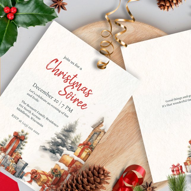 Invitation Aquarelle moderne hiver Rouge Vert Noël (Créateur téléchargé)