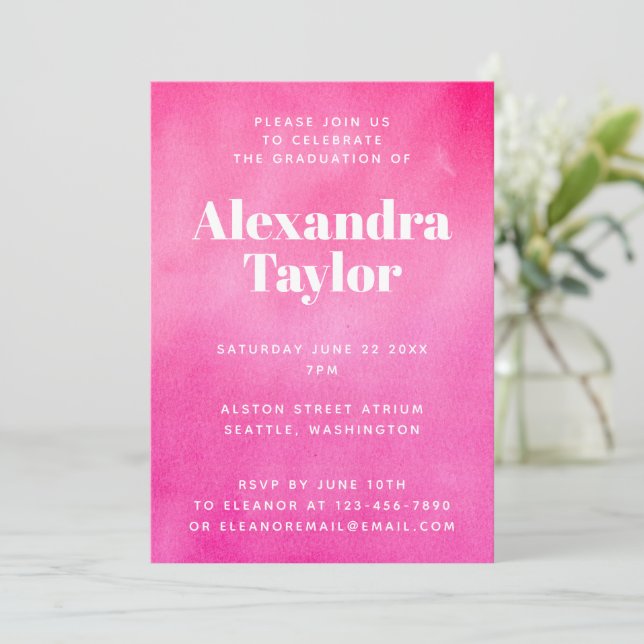 Invitation Aquarelle moderne Hot Rose tendance chic Graduatio (Debout devant)