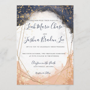 Invitation Aquarelle Moderne Indigo Blue et Rose Faux Gold