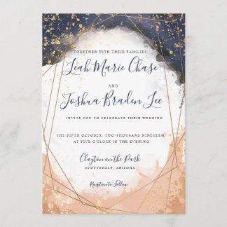 Invitation Aquarelle Moderne Indigo Blue et Rose Faux Gold