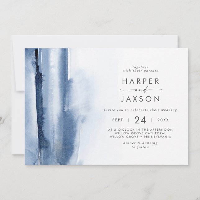 Invitation Aquarelle moderne | Mariage horizontal bleu (Devant)