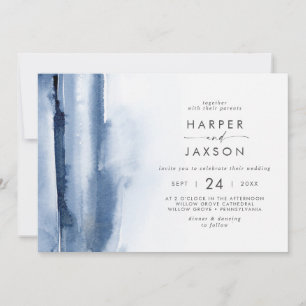 Invitation Aquarelle moderne Mariage horizontal bleu