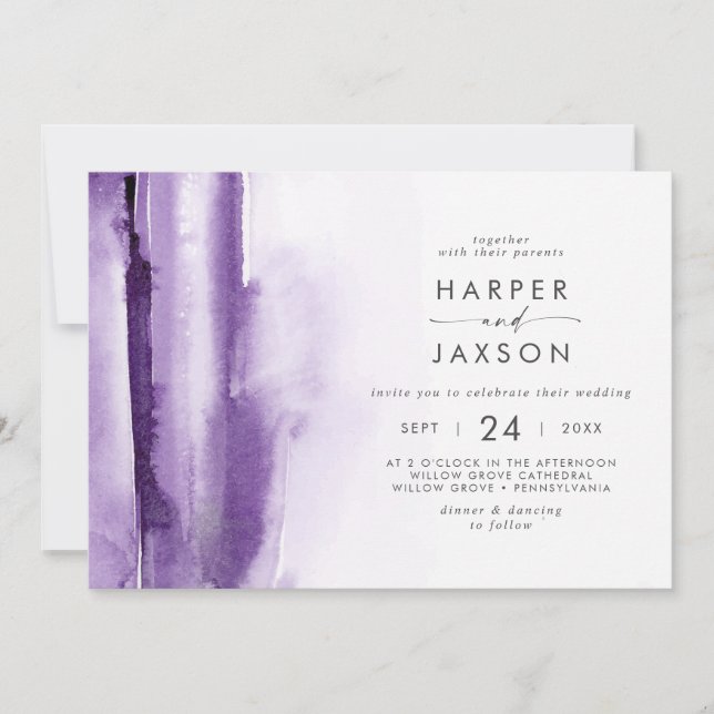 Invitation Aquarelle moderne | Mariage horizontal violet (Devant)