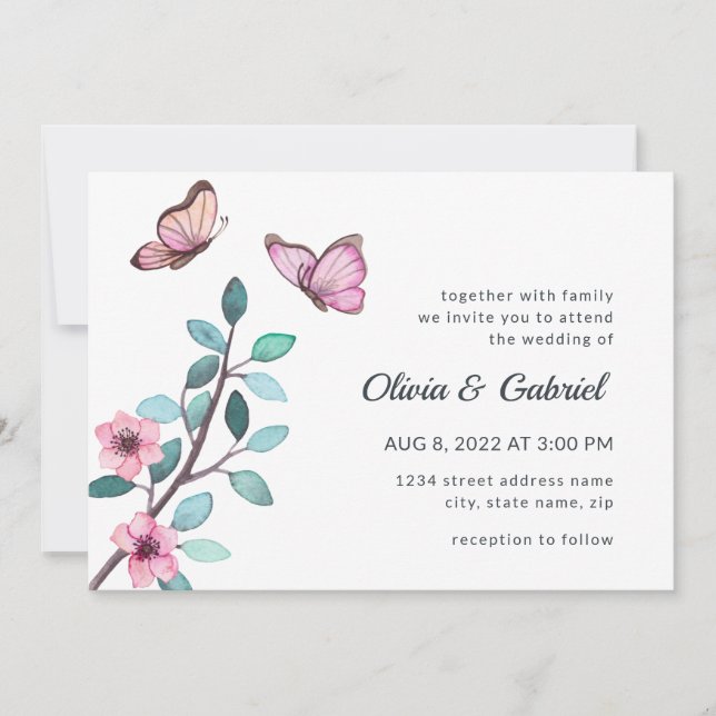 Invitation Aquarelle moderne. Mariage romantique dans le jard (Devant)