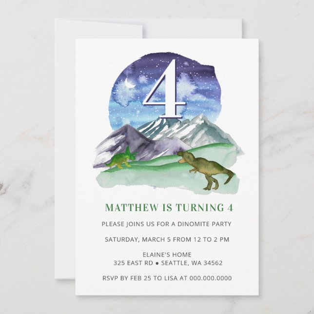 Invitation Aquarelle moderne mignonne Dinosaure Vert Annivers (Devant)