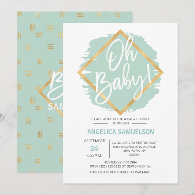 Invitation Aquarelle moderne Mint Vert Or Oh Baby shower (Devant / Derrière)