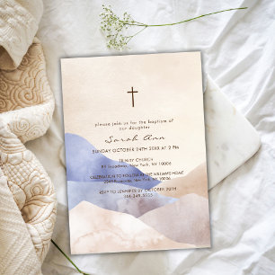 Invitation Aquarelle moderne Montagne Croix Abstraite Baptême