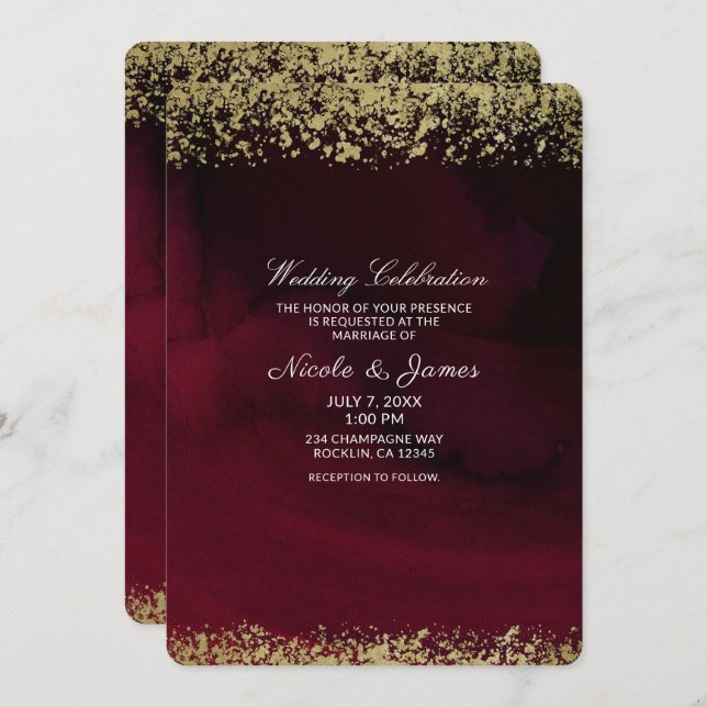 Invitation Aquarelle moderne Moody Maroon & Gold Mariage (Devant / Derrière)