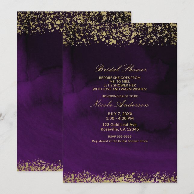 Invitation Aquarelle moderne Moody Purple Gold Fête des marié (Devant / Derrière)