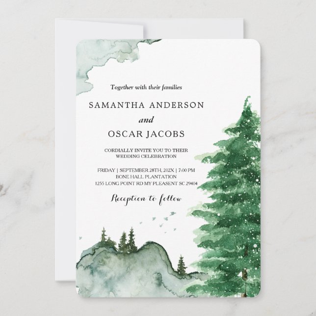 Invitation Aquarelle moderne Nature d'hiver Arbres verts Invi (Devant)