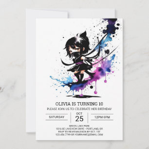 Invitation Aquarelle Moderne Ninja Fille Anniversaire