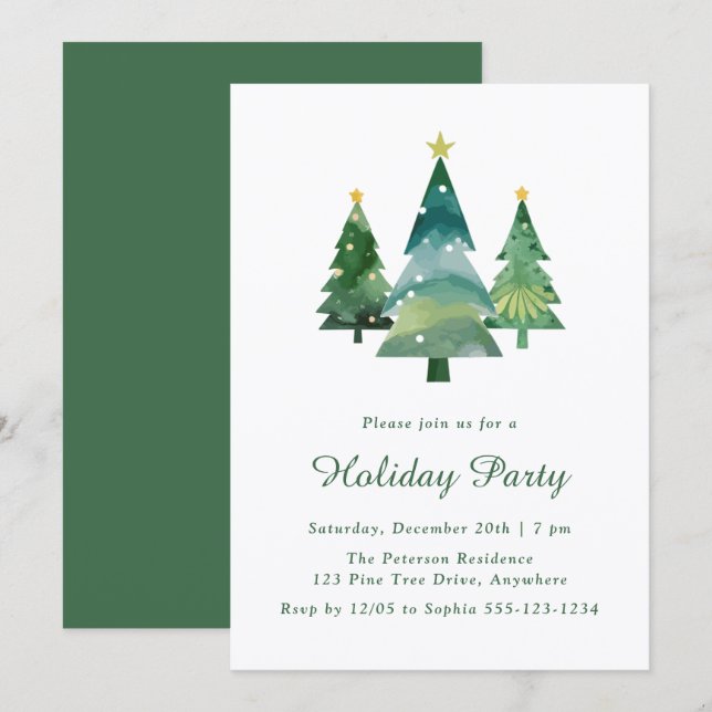 Invitation Aquarelle moderne Noël Arbre fête (Devant / Derrière)