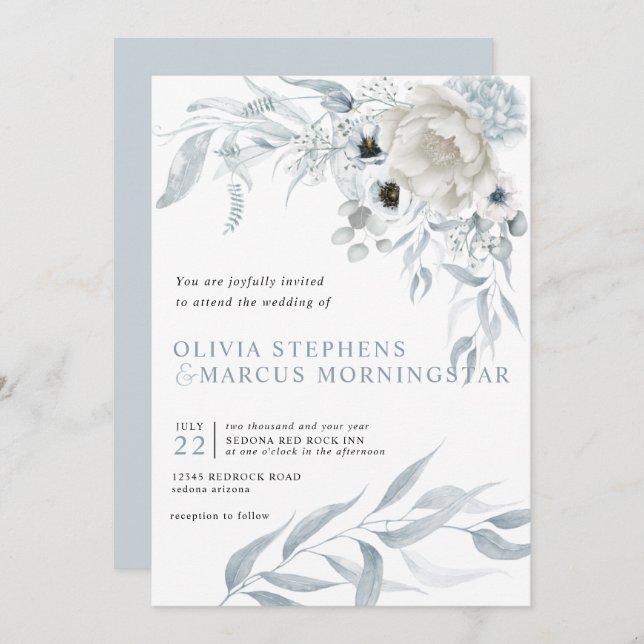 Invitation Aquarelle moderne Pale Dusty Bleu Floral (Devant / Derrière)