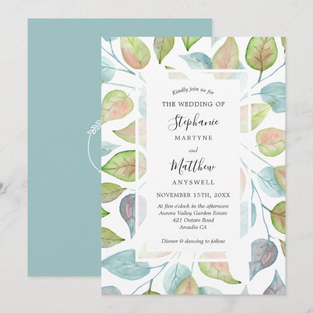 Invitation Aquarelle moderne Peint Feuille Mariage de feuilla (Devant / Derrière)