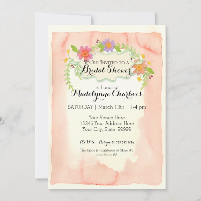 Invitation Aquarelle Moderne Peinture Fête des mariées Floral (Devant)