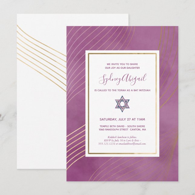 Invitation Aquarelle moderne rose et Bat mitzvah or (Devant / Derrière)