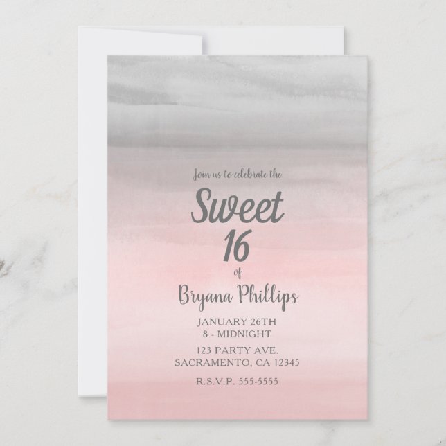 Invitation Aquarelle moderne rose et gris brillant doux 16 (Devant)