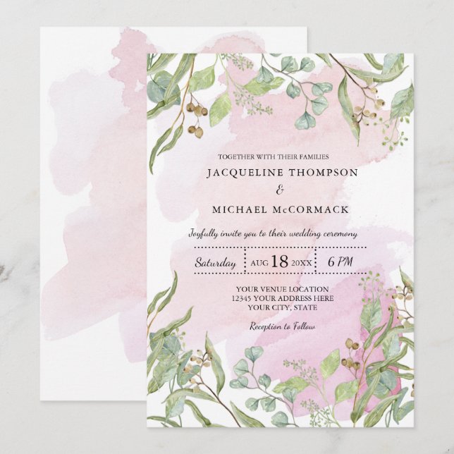 Invitation Aquarelle moderne rose Eucalyptus Mariage vert (Devant / Derrière)