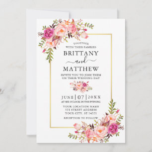 Invitation Aquarelle moderne rose Floral Mariage cadre or