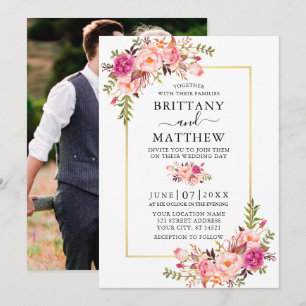 Invitation Aquarelle moderne rose Floral Photo Mariage or