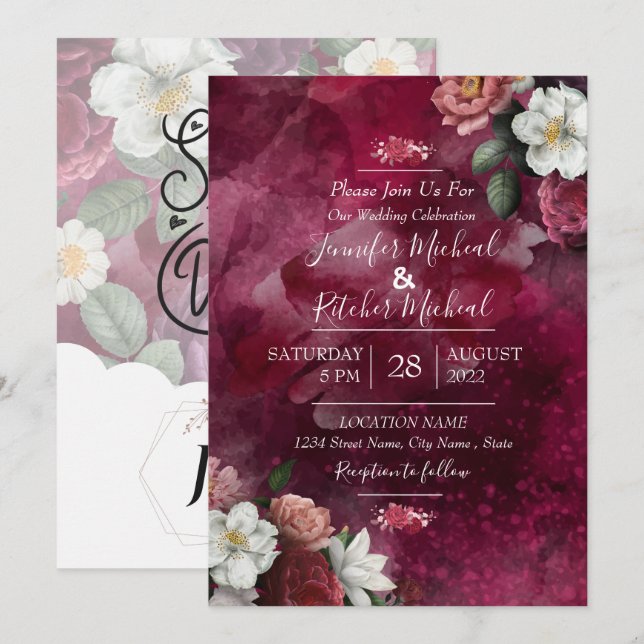 Invitation Aquarelle moderne Ruby rouge Burgundy thème floral (Devant / Derrière)