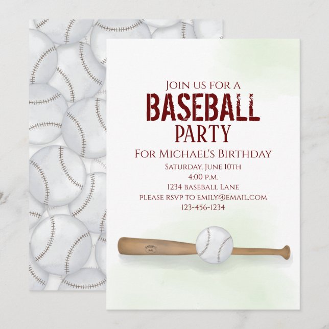 Invitation Aquarelle moderne simple Birthday Baseball Cute (Devant / Derrière)