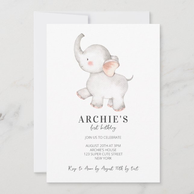 Invitation Aquarelle moderne simple Eléphant 1er anniversaire (Devant)