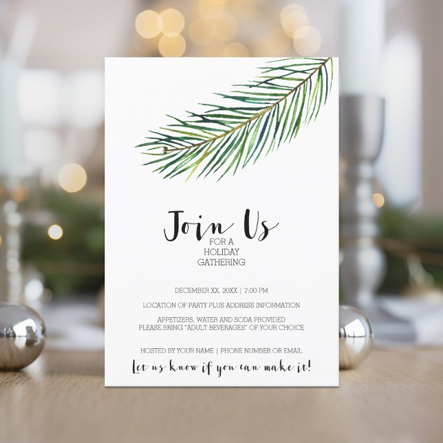 Invitation Aquarelle moderne Succursale de Noël Or (Holiday Invitation - Corporate Open House - Minimal Pine Branch Modern Calligraphy)