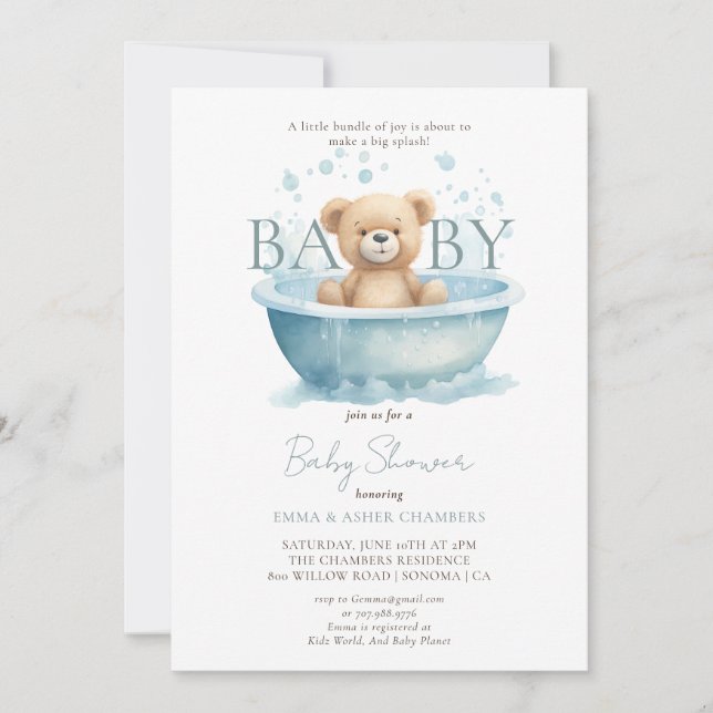 Invitation Aquarelle moderne Teddy Bear Baby shower bleu (Devant)