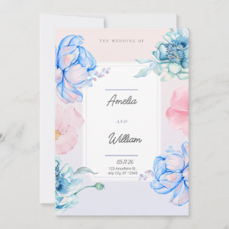 Invitation Aquarelle Moderne Tendance Florale Rose Vert Bleu