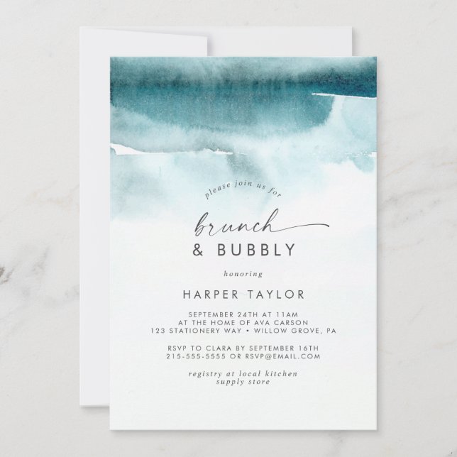 Invitation Aquarelle moderne | Turquoise Brunch & Bubbly Brid (Devant)