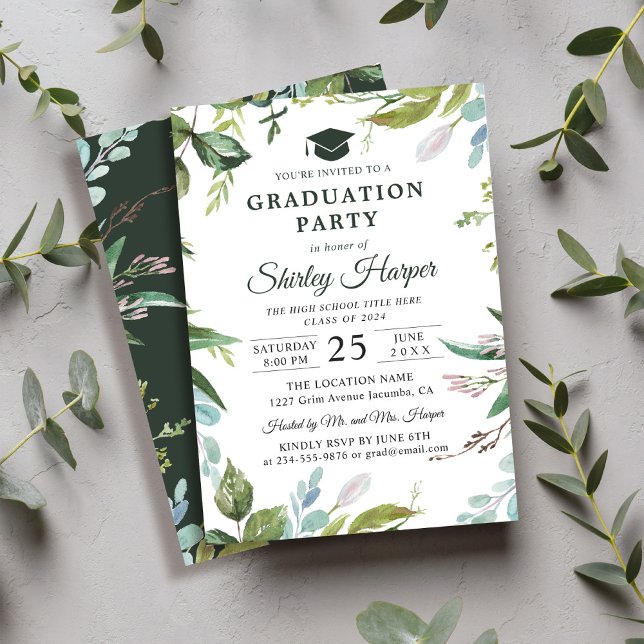 Invitation Aquarelle moderne verdure Floral Graduation Party (Créateur téléchargé)