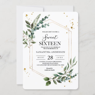 Invitation Aquarelle moderne Vert Eucalyptus Gold Frame