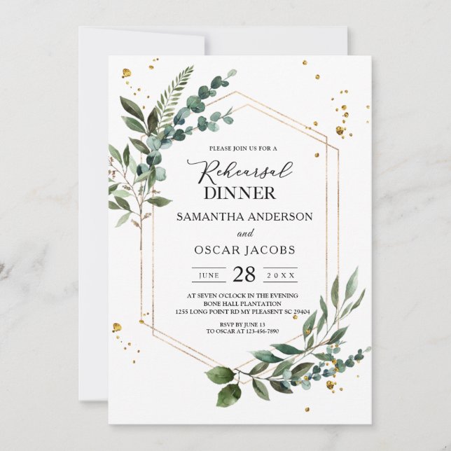 Invitation Aquarelle moderne Vert Eucalyptus Gold Frame (Devant)