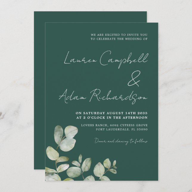 Invitation Aquarelle moderne vert foncé Mariage Eucalyptus (Devant / Derrière)