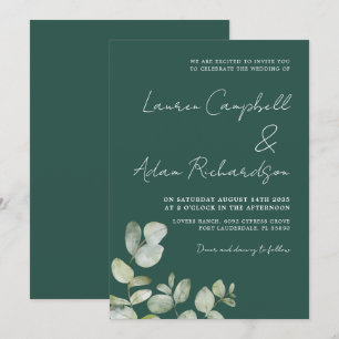 Invitation Aquarelle moderne vert foncé Mariage Eucalyptus